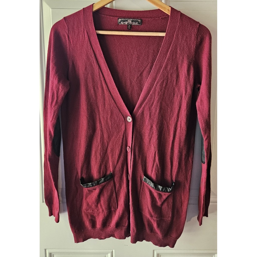 Almost Famous Womens Medium Burgundy Button Front Cardigan Faux Leather Elbow...